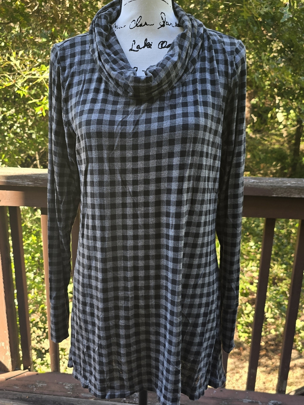 Cuddl Duds Black and Gray Gingham Cowl Neck Tunic